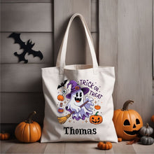 Load image into Gallery viewer, Halloween Trick or Treat Bag Personalized - Custom Name & 4 Cute Designs, Sublimated for Kids