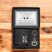 Load image into Gallery viewer, Groomsmen Proposal Gift Set,  Custom Gift Box, Personalized Koozie and Key chain for Best Man & Groomsmen