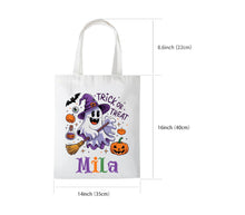 Load image into Gallery viewer, Personalized Halloween Canvas Trick or Treat Bag - Custom Name & 4 Cute Designs, Sublimated for Kids