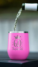 Load image into Gallery viewer, 60th Birthday Gift, Wine tumbler, Birthday gift for her, Multiple designs and colors, Stemless wine tumbler, Happy birthday gift, party gift