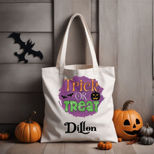 Load image into Gallery viewer, Halloween Trick or Treat Bag Personalized - Custom Name & 4 Cute Designs, Sublimated for Kids