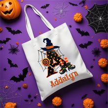 Load image into Gallery viewer, Personalized Halloween Canvas Trick or Treat Bag - Custom Name & Initial, 4 Design Options, Sublimated