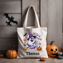 Load image into Gallery viewer, Personalized Halloween Canvas Trick or Treat Bag - Custom Name & 4 Cute Designs, Sublimated for Kids