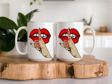 Load image into Gallery viewer, Funny Sublimated Coffee Mug - Finger Over Lips Design with Quote 'Shuh Duh Fuh Cup' - Unique Gift for Coffee Lovers