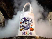 Load image into Gallery viewer, Personalized Halloween Canvas Trick or Treat Bag - Custom Name & 4 Cute Designs, Sublimated for Kids