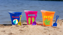 Load image into Gallery viewer, Personalized Beach Bucket for Kids, Custom Plastic Beach Pail and shovel with name and symbol, Gift for kids, beach trip, Vacation toys