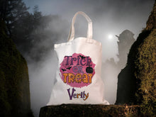 Load image into Gallery viewer, Personalized Halloween Canvas Trick or Treat Bag - Custom Name & 4 Cute Designs, Sublimated for Kids