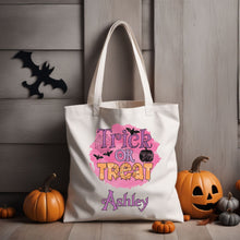 Load image into Gallery viewer, Halloween Trick or Treat Bag Personalized - Custom Name & 4 Cute Designs, Sublimated for Kids