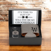 Load image into Gallery viewer, Groomsmen Proposal Gift Set,  Custom Gift Box, Personalized Koozie and Key chain for Best Man & Groomsmen