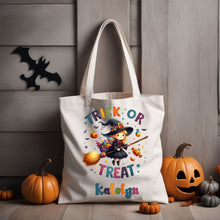 Load image into Gallery viewer, Personalized Halloween Canvas Trick or Treat Bag - Custom Name & 4 Cute Designs, Sublimated for Kids