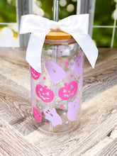 Load image into Gallery viewer, Halloween Iced Coffee Glass 16oz - Pumpkin, Ghost and Spooky Designs with Bamboo Lid and Straw - Perfect Halloween Gift or Cup
