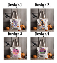 Load image into Gallery viewer, Halloween Trick or Treat Bag Personalized - Custom Name & 4 Cute Designs, Sublimated for Kids