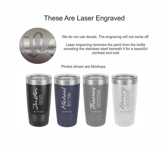 Personalized Engraved Groomsmen Tumbler - close-up of the custom engraving