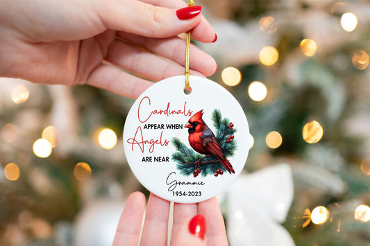 Personalized Cardinal Memorial Ornament - Ceramic Christmas Keepsake - close-up of the custom engraving