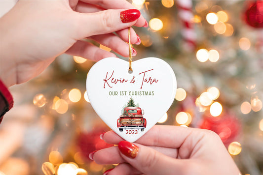Couples First Christmas Ornament - close-up of the custom engraving