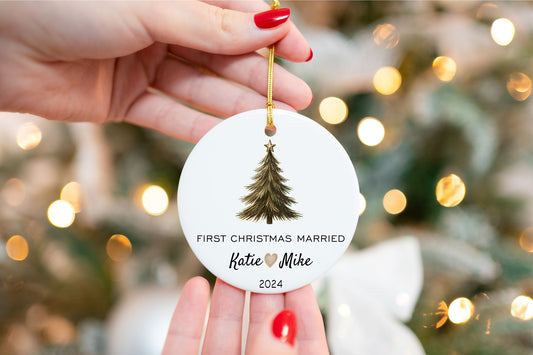First Christmas Married Ornament - close-up of the custom engraving