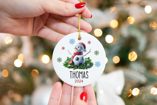 Personalized Soccer Ornament - close-up of the custom engraving