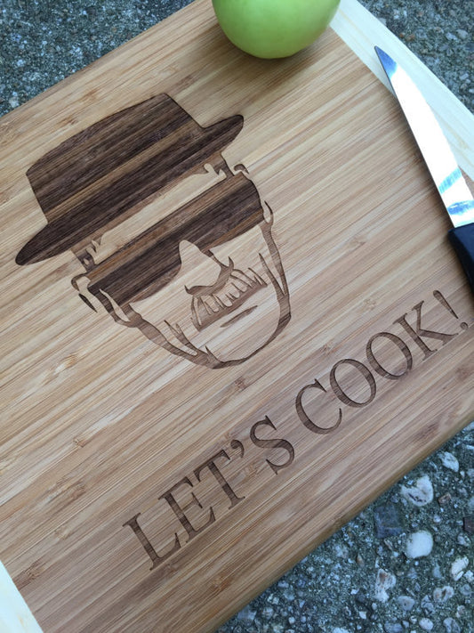 Heisenberg Bamboo Cutting Board: Breaking Bad Inspired - close-up of the custom engraving