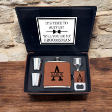Load image into Gallery viewer, Groomsmen Proposal Gift Set, Custom Flask & Keychain Box for Best Man, Ushers and Groomsmen