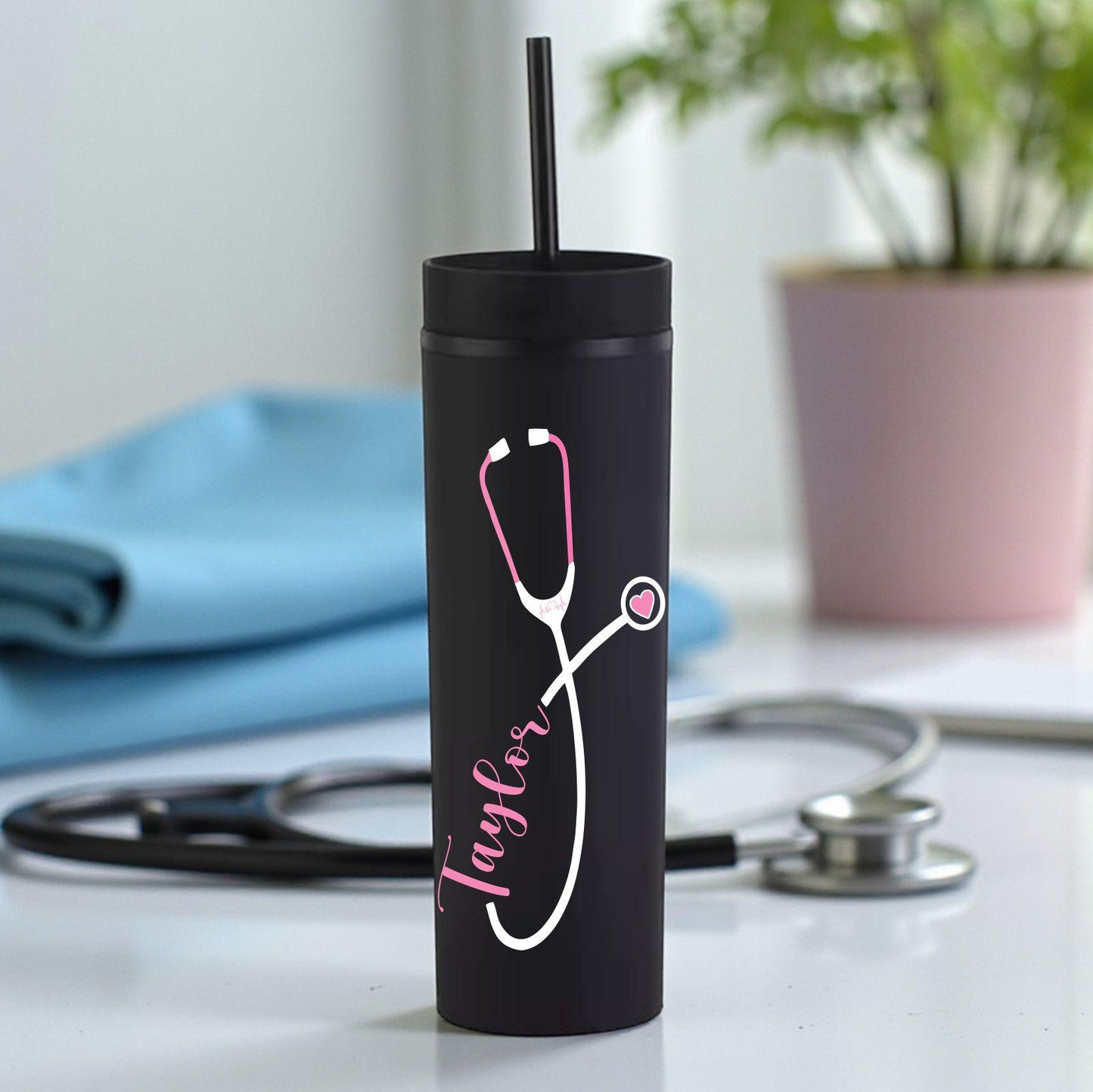 Personalized Nurse Gift – Custom Acrylic Tumbler Cup with Stethoscope and Name – Gift for Nurse