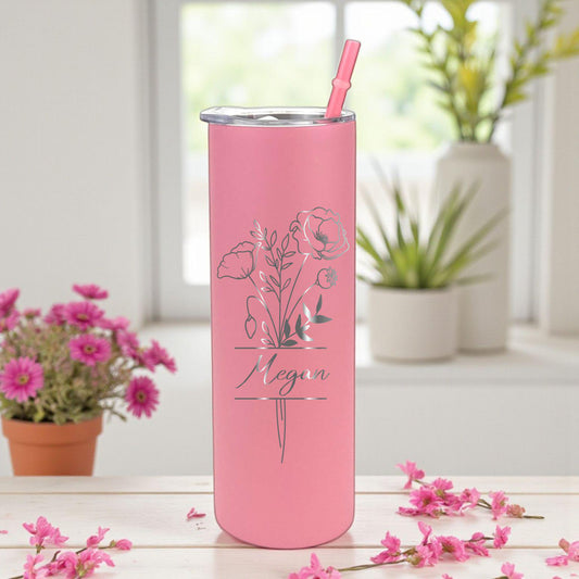 Birth Flower Tumbler - close-up of the custom engraving