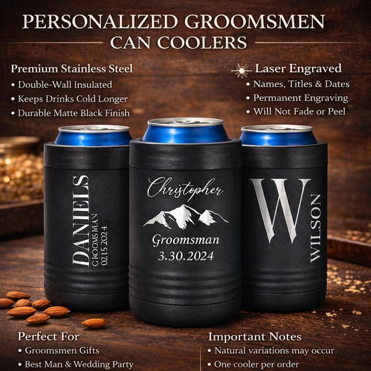 Personalized Metal Can Cooler - close-up of the custom engraving