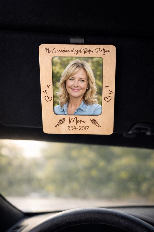 Memorial Car Visor Picture Frame - personalized engraved gift, family-made in Long Island