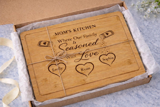 Personalized Mom Cutting Board - close-up of the custom engraving