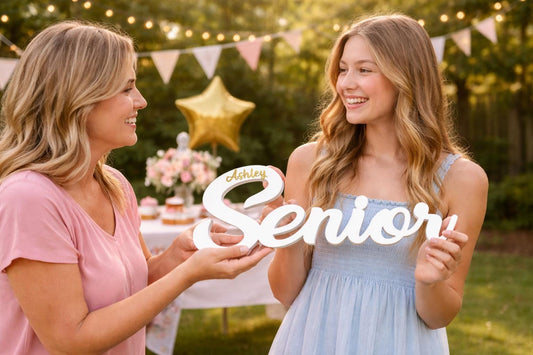 Senior Photo Prop with Name - close-up of the custom engraving