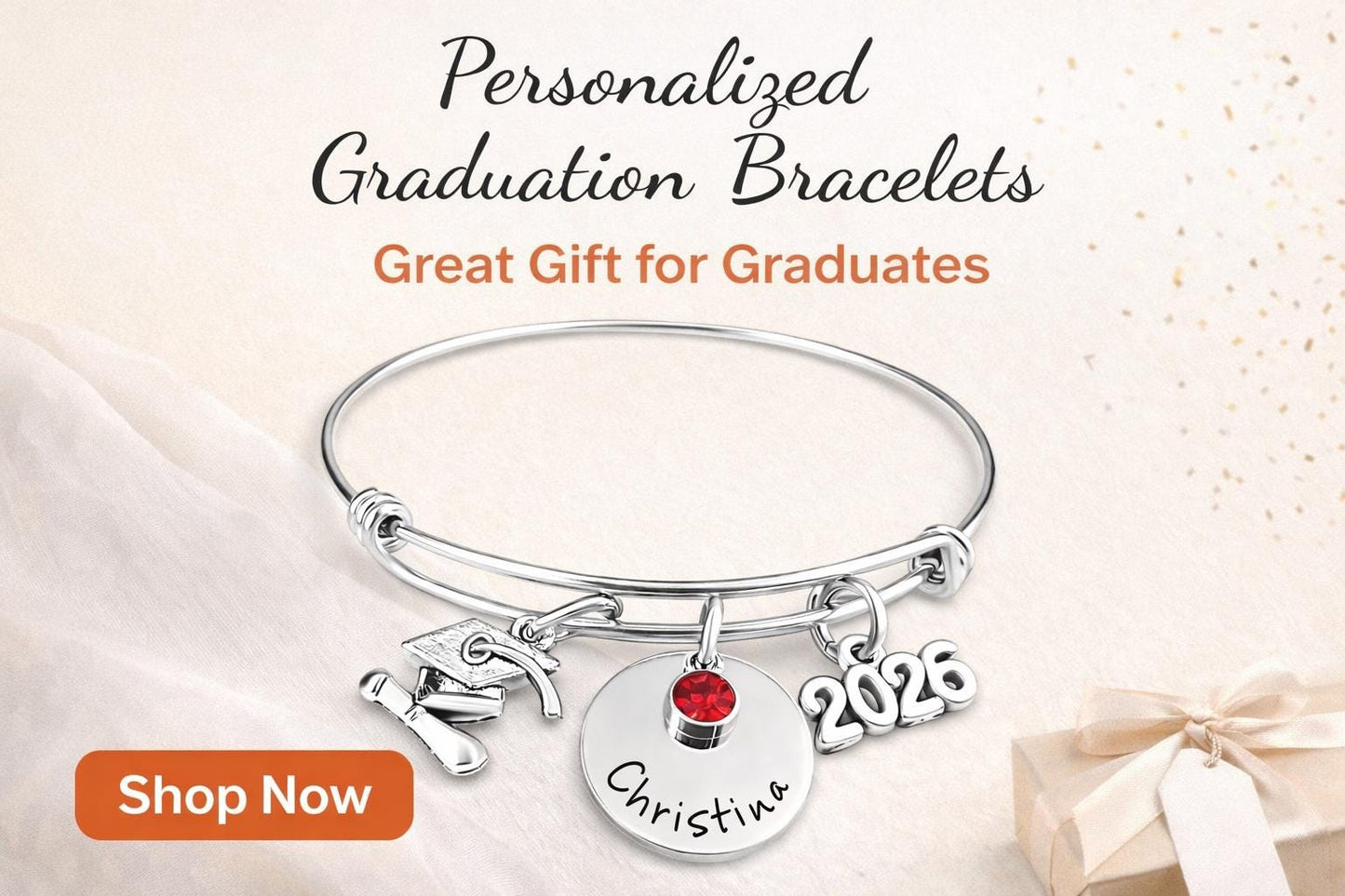 Personalized Graduation Bracelet: Stainless Steel Bangle with Birthstone and Year charm