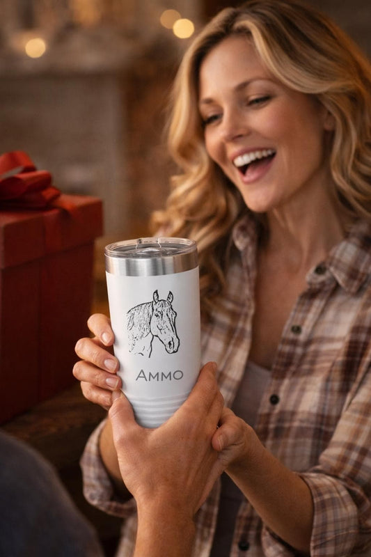 My Horse Custom Tumbler - close-up of the custom engraving