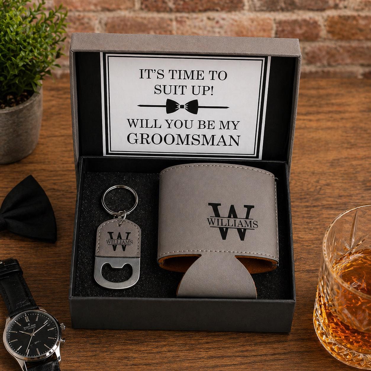 Personalized Groomsmen Proposal Set with Can Cooler & Keychain