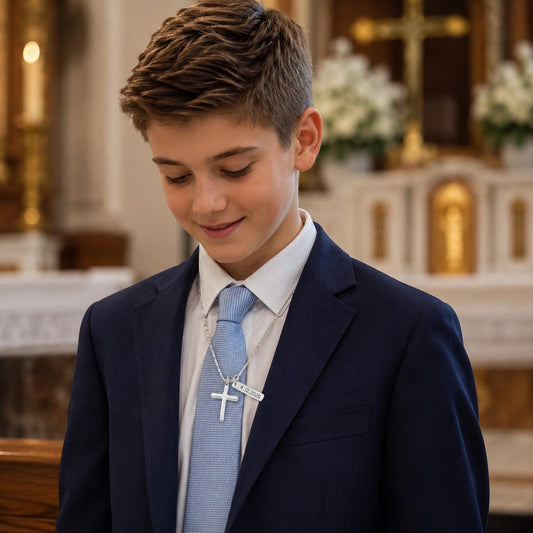 Personalized Cross Necklace for Boys - close-up of the custom engraving