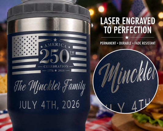 250th Anniversary Can Cooler - close-up of the custom engraving