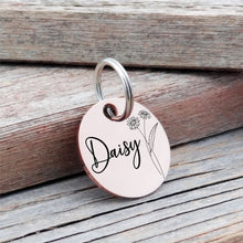 Load image into Gallery viewer, Personalized pet dog ID tag, Birth Flower Pet Tag, Pet dog tag, dog ID Tag, Minimalist Pet Tag, Cat Tag, Engraved Pet Tag, Dog Collar Tag