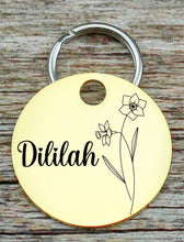 Load image into Gallery viewer, Personalized pet dog ID tag, Birth Flower Pet Tag, Pet dog tag, dog ID Tag, Minimalist Pet Tag, Cat Tag, Engraved Pet Tag, Dog Collar Tag
