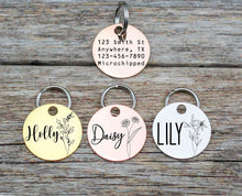 Load image into Gallery viewer, Personalized pet dog ID tag, Birth Flower Pet Tag, Pet dog tag, dog ID Tag, Minimalist Pet Tag, Cat Tag, Engraved Pet Tag, Dog Collar Tag