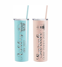 Load image into Gallery viewer, OBX Skinny Tumbler with straw, Girls Trip, Outer Banks, Summer Trip, Custom Skinny Tumbler, Beach Trip, Vacation, Light house Tumbler