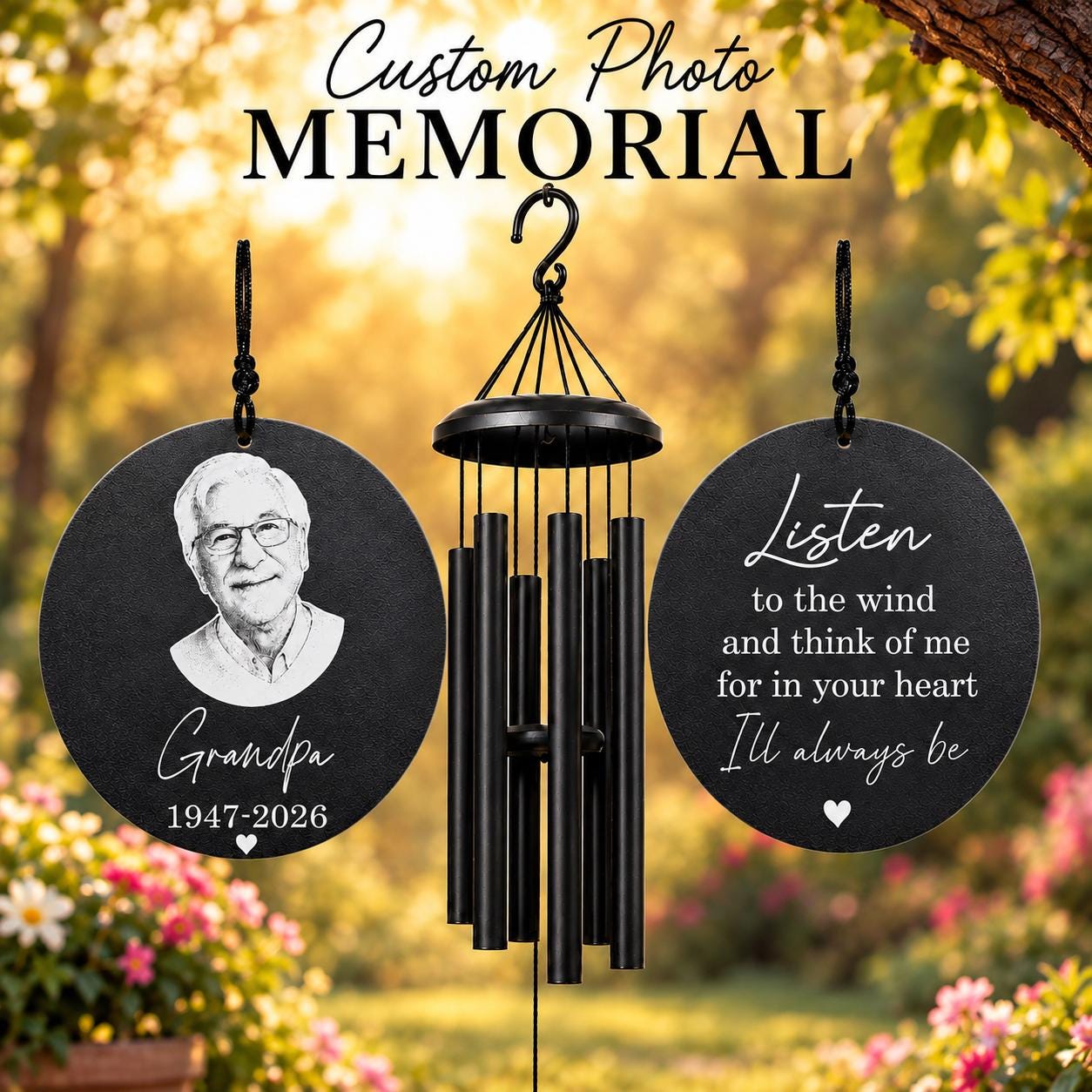 Personalized Memorial Wind Chime with Photo | Custom Sympathy & Remembrance Gift | Loss of Loved One