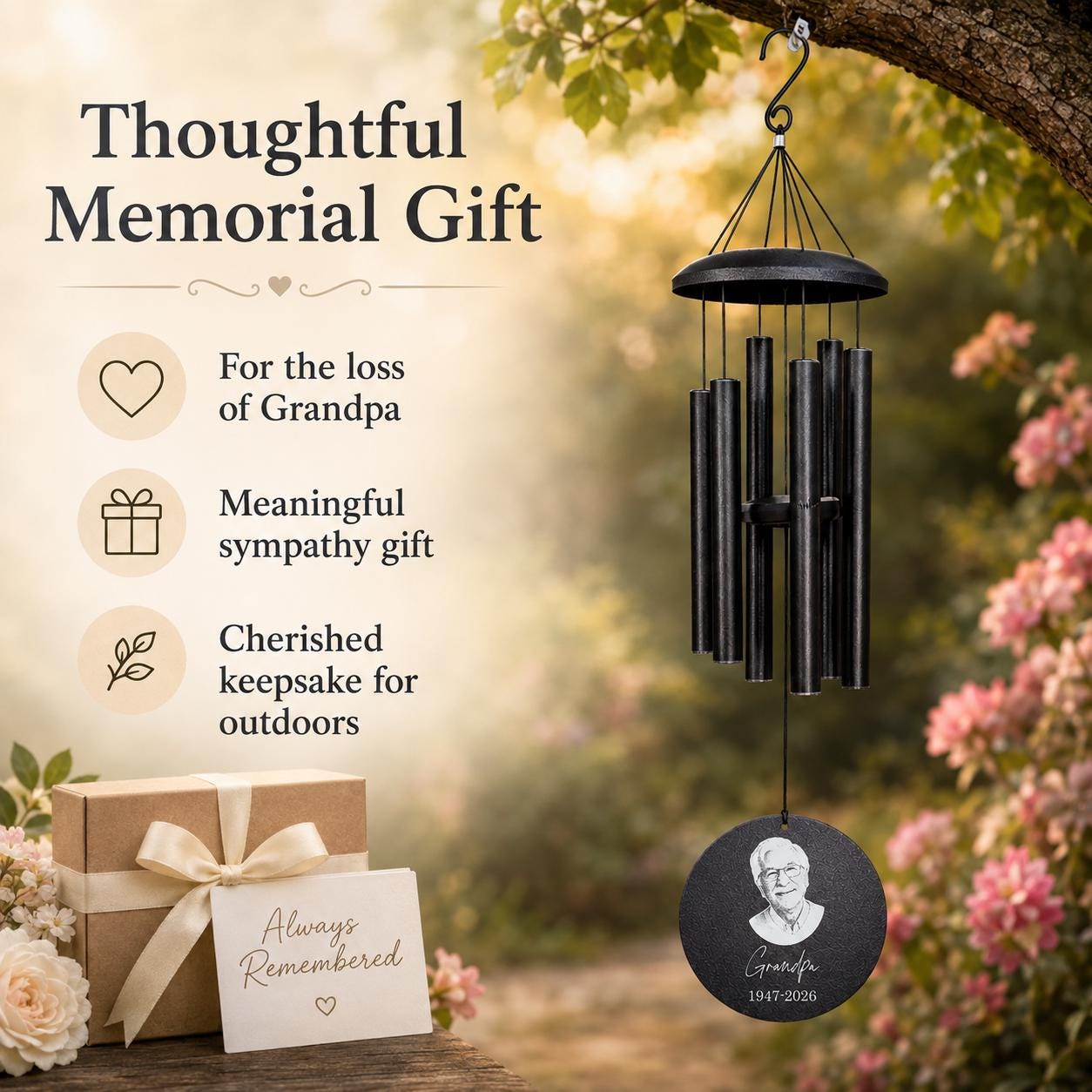 Personalized Memorial Wind Chime with Photo | Custom Sympathy & Remembrance Gift | Loss of Loved One