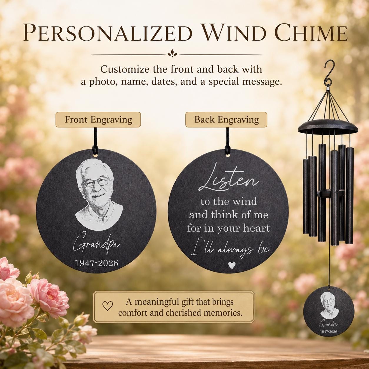 Personalized Memorial Wind Chime with Photo | Custom Sympathy & Remembrance Gift | Loss of Loved One