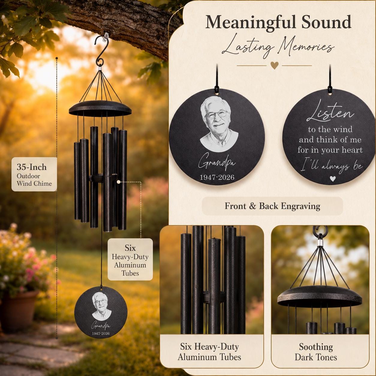 Personalized Memorial Wind Chime with Photo | Custom Sympathy & Remembrance Gift | Loss of Loved One