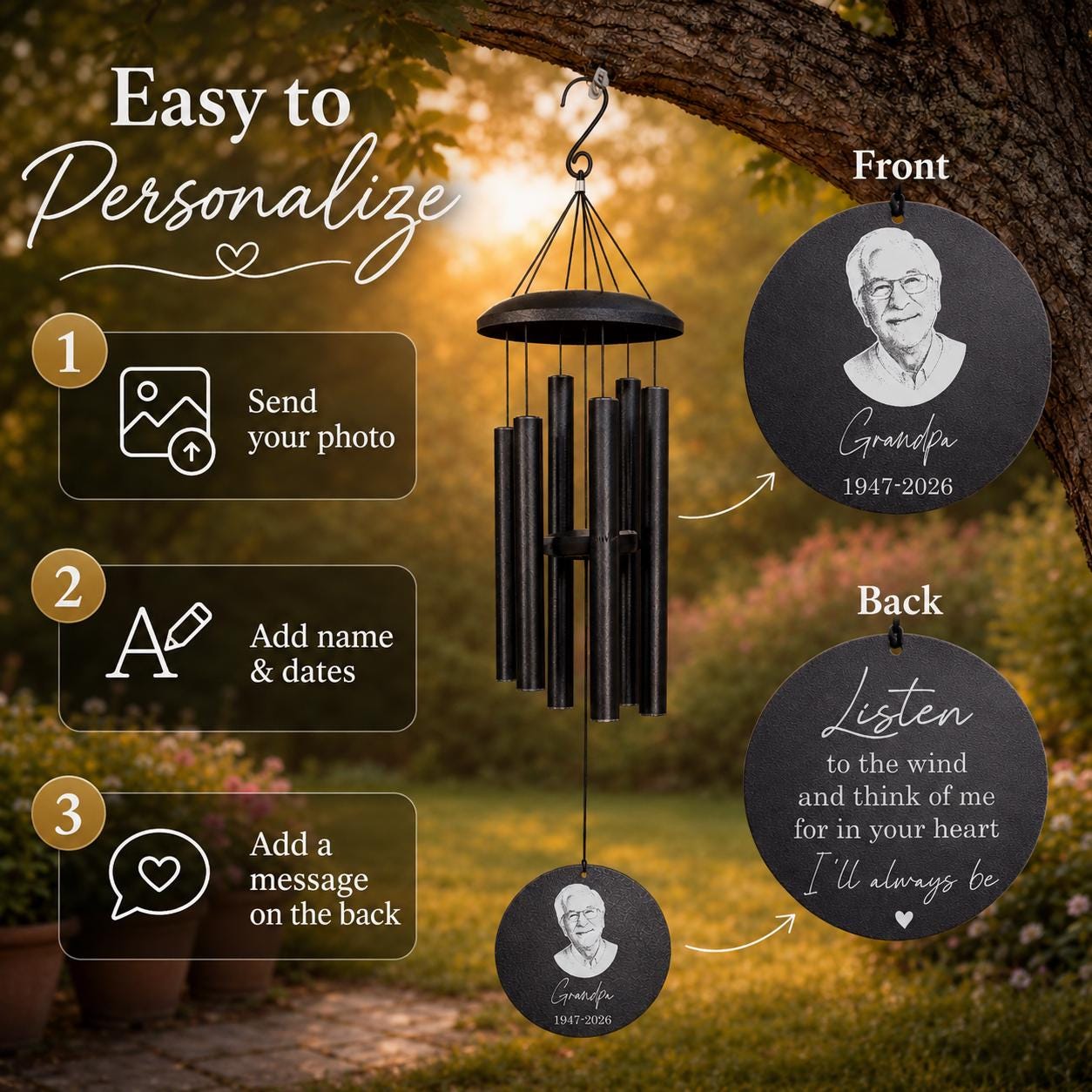 Personalized Memorial Wind Chime with Photo | Custom Sympathy & Remembrance Gift | Loss of Loved One
