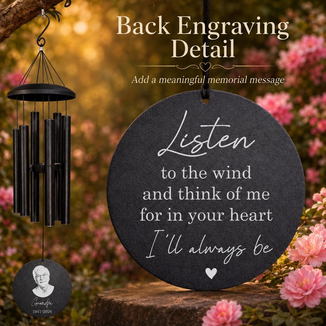 Personalized Memorial Wind Chime with Photo | Custom Sympathy & Remembrance Gift | Loss of Loved One