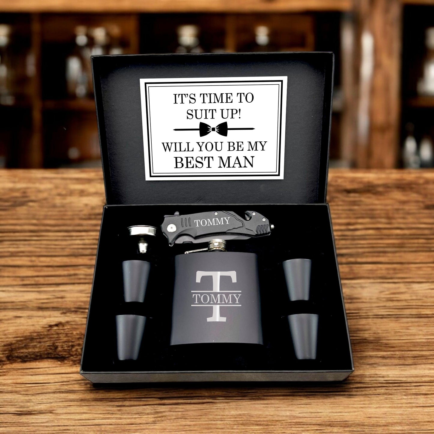 Groomsmen Proposal Gift Set, Custom Gift Box, Personalized Flask set and Knife for Best Man, Ushers & Groomsmen
