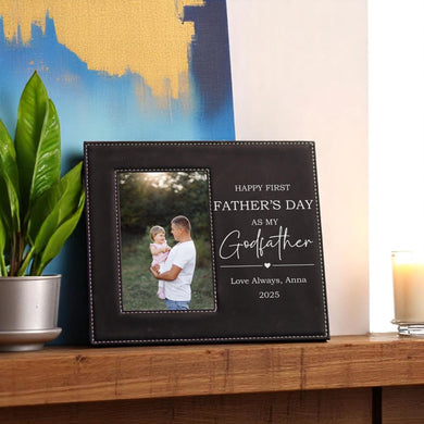 Personalized Godfather picture frame for First Father’s Day 2025, custom engraved with name and date, holding vertical 4x6 or 5x7 photo