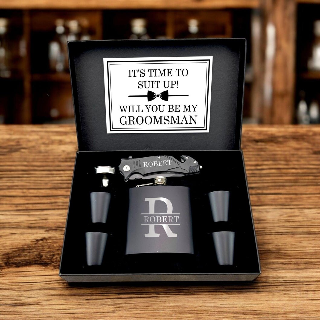 Groomsmen Proposal Gift Set, Custom Gift Box, Personalized Flask set and Knife for Best Man, Ushers & Groomsmen