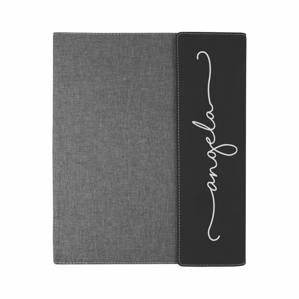 Personalized Portfolio with refillable notepad - close-up of the custom engraving