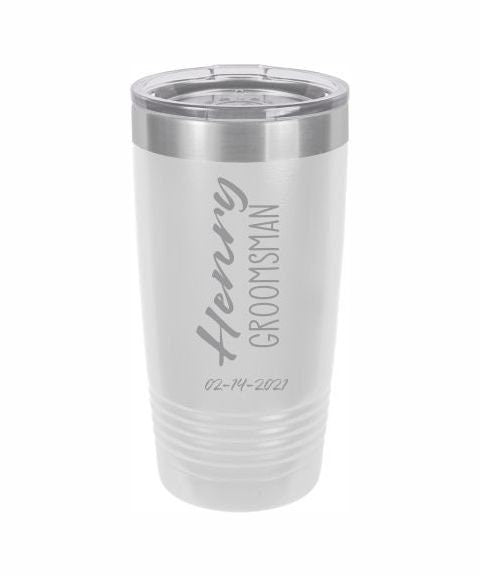 Personalized Engraved Groomsmen Tumbler - close-up of the custom engraving