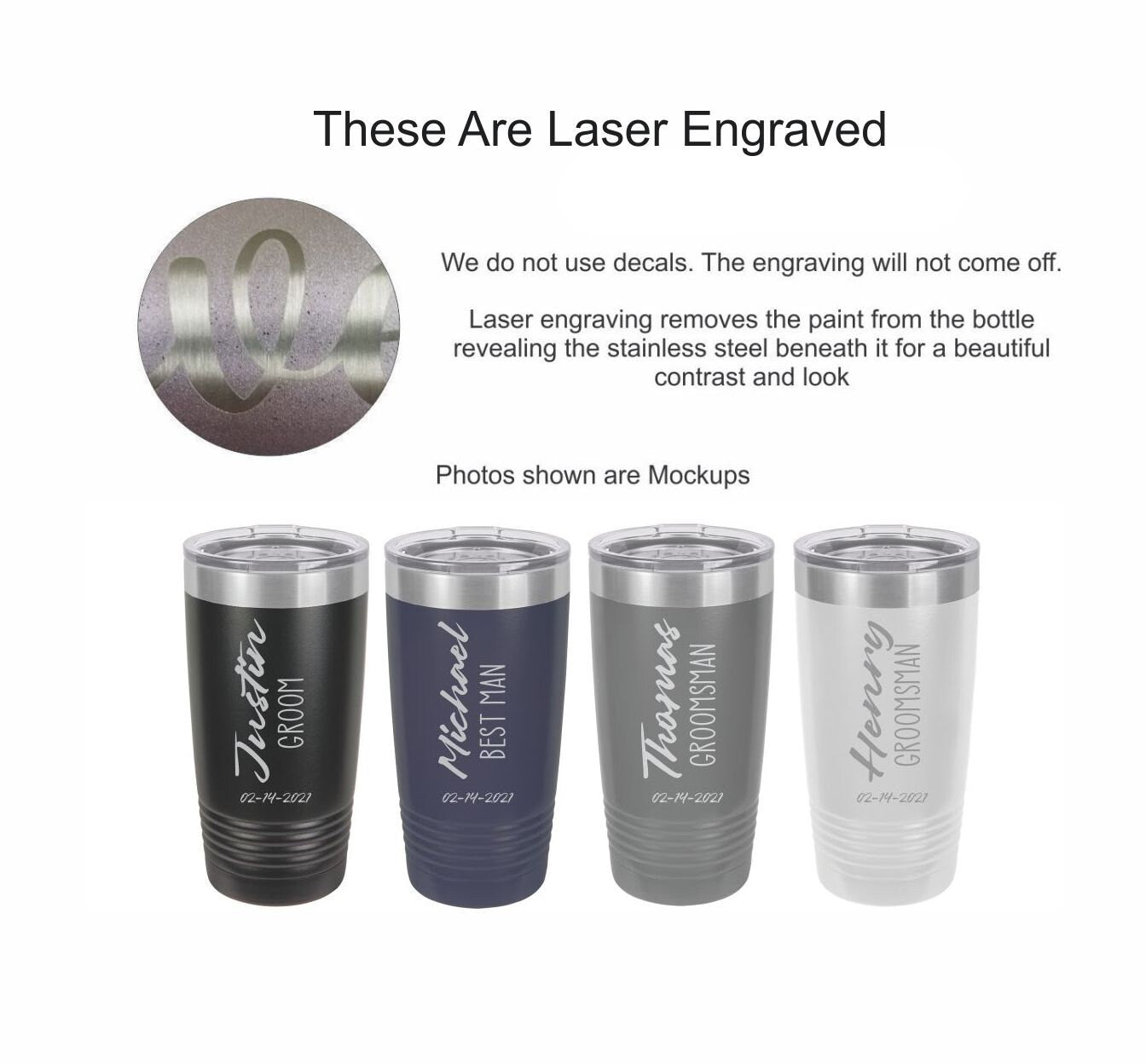 Personalized Engraved Groomsmen Tumbler - close-up of the custom engraving